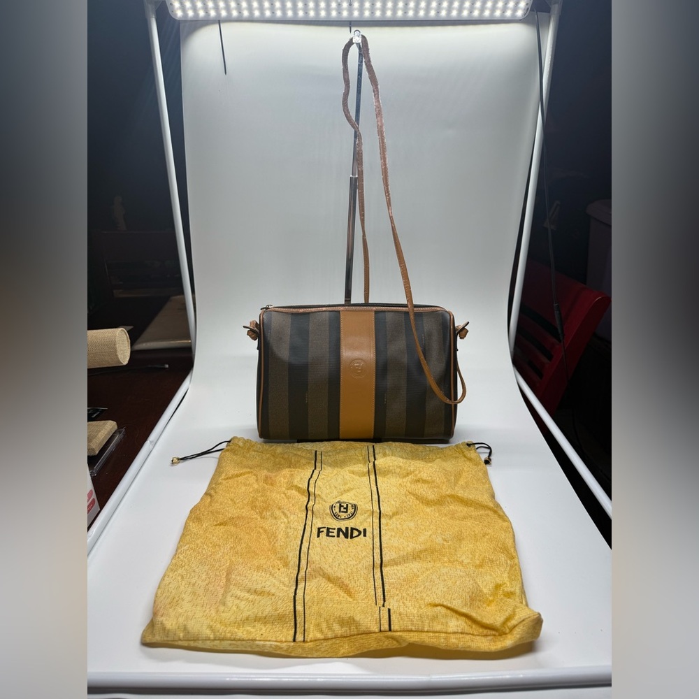 Authentic Vintage Fendi Pequin Stripe Crossbody Bag Brown Leather Italy READ